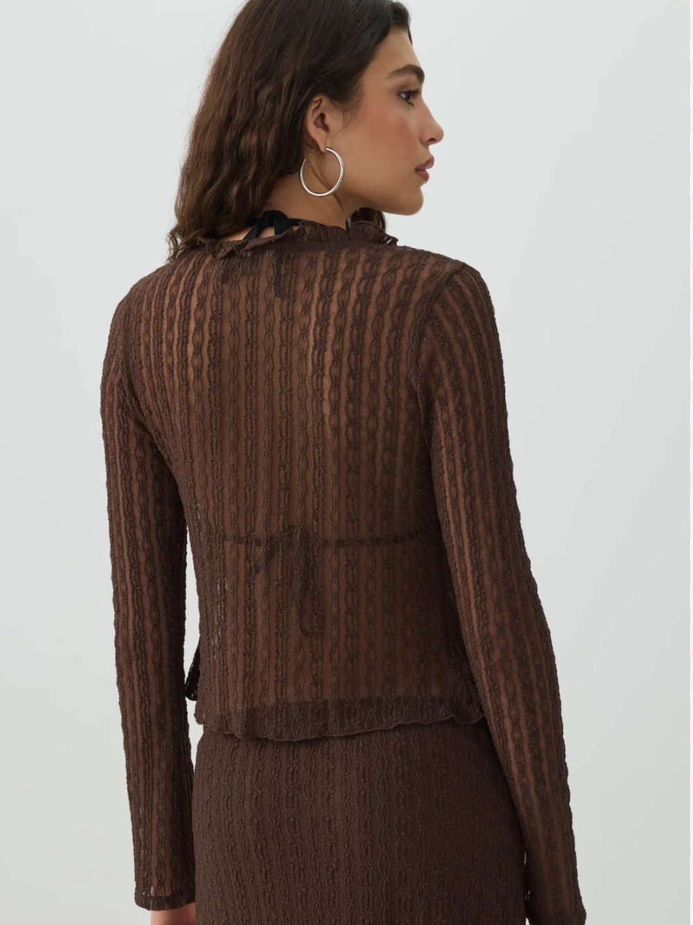 Brown Sheer Ruffled Button-Front Cardigan